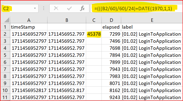 Epoch (Unix) Time to Date/Time into Excel Formula 2
